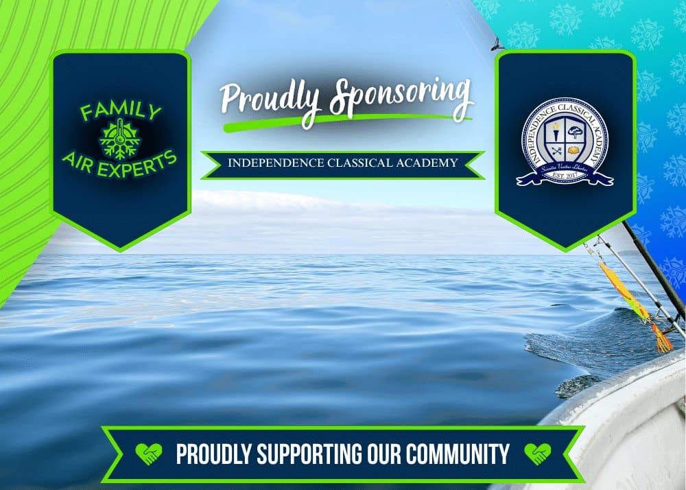 Our Community 87 Family Air Experts sponsorship graphic for the ICA Anglers at Independence Classical Academy in Fort Pierce, showing both logos over calm water with a fishing rod off the side of a boat
