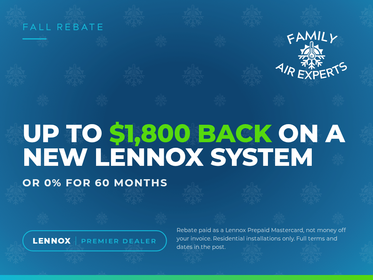 Ductless Mini Split Services in the Treasure Coast 79 Family Air Experts graphic for up to $1,800 back on a new Lennox system or 0% for 60 months